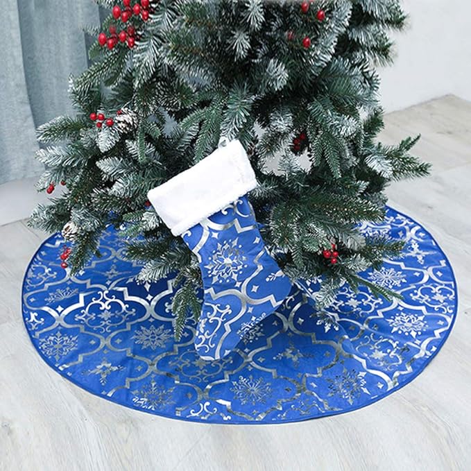 Christmas Tree Skirt, 48 inches Large Red Flannel Tree Mat with Gilded Christmas Patterns